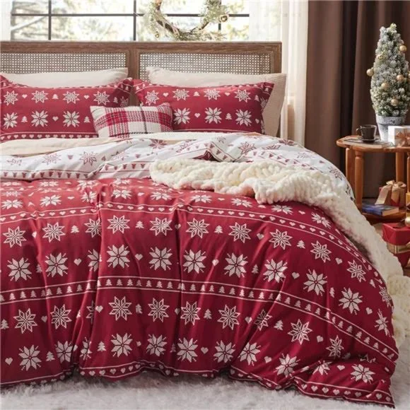Christmas Duvet Cover King Reversible Snowflake Printed Red White NWT - Picture 1 of 5
